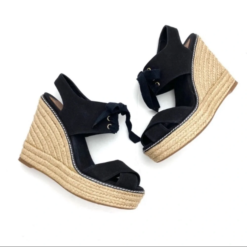 TORY Burch Cross Strap Canvas Ankle Lace up Espadrilles Wedge Sandal Black Sz 10